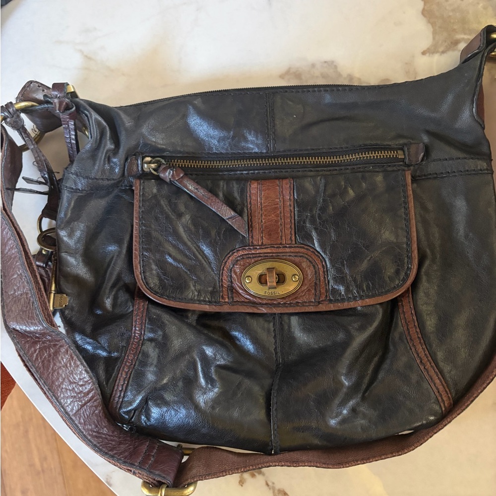Fossil Black and Brown Leather Shoulder Bag